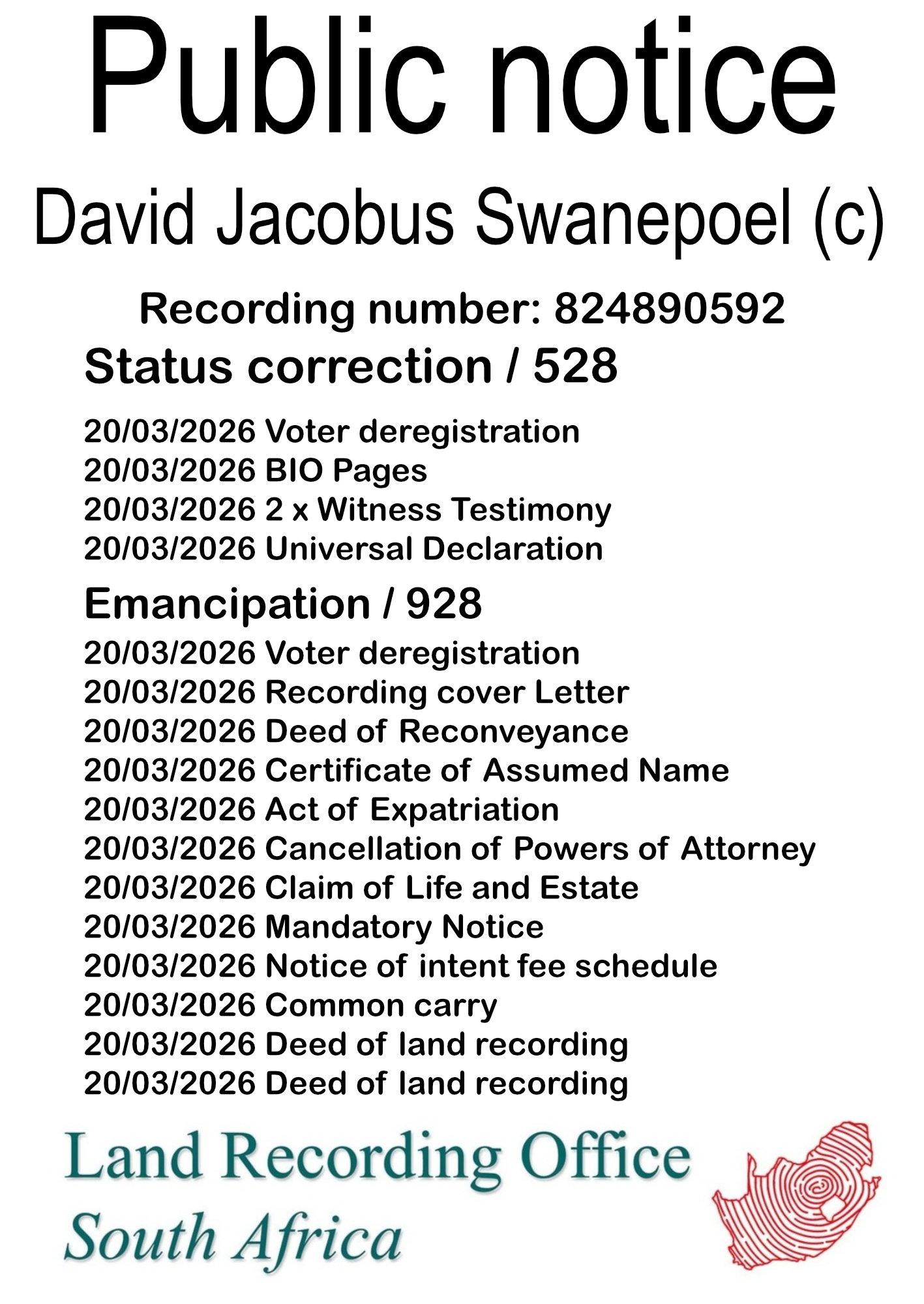 Public notice David Jacobus Swanepoel (c) Recording number 824890592